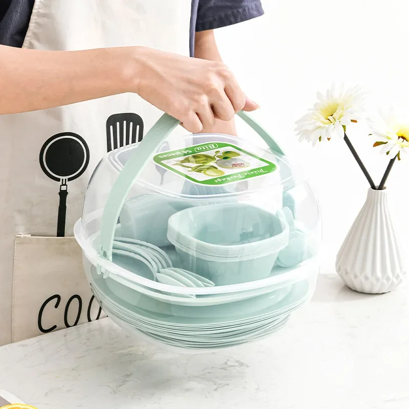 Camping Cooking Dining Set - ชุดภาชนะพลาสติกแบบพกพาสำหรับใช้กลางแจ้ง 54 ชิ้น ชุดภาชนะพลาสติกแบบพกพา ชุดกล่องปิกนิกสำหรับแคมป์ปิ้ง อุปกรณ์สำหรับทำอาหารและรับประทานอาหารในแคมป์