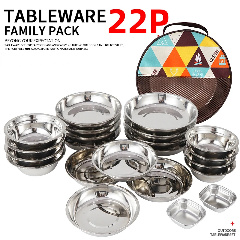 Camping Cooking Dining Set - ชุดจานชามสำหรับตั้งแคมป์แบบพกพา 22 ชิ้น อุปกรณ์บนโต๊ะอาหารสำหรับบาร์บีคิวกลางแจ้ง ชุดหม้อและจานสำหรับทำอาหารในแคมป์