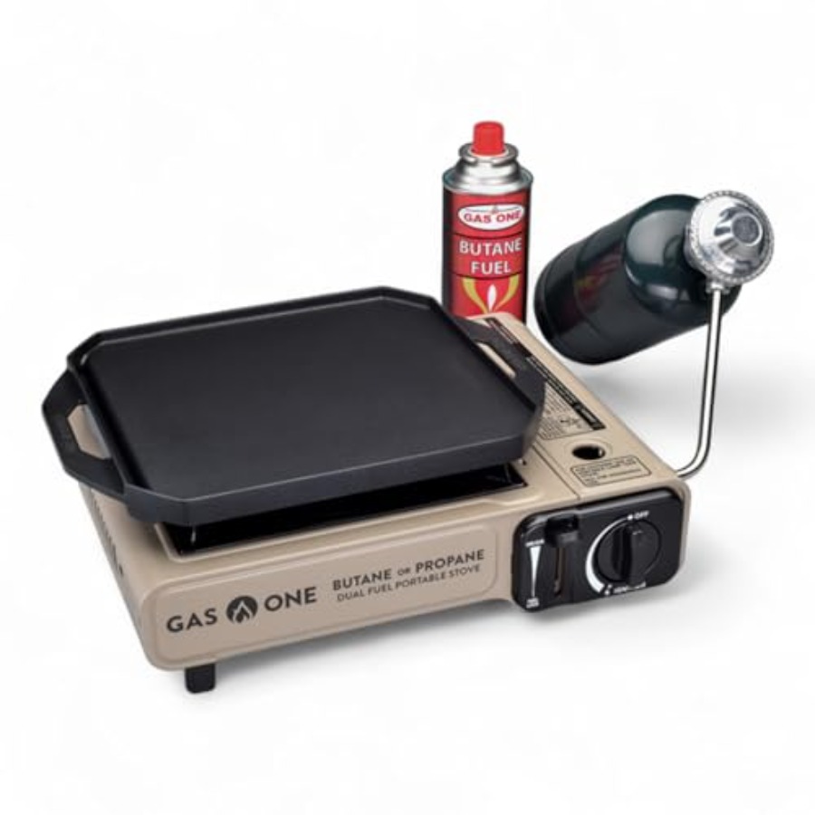 Camping Cooking Flat Top - เตาแก๊สแบบแผ่นเรียบ GasOne GS-3400P-KIT ใช้แก๊สโพรเพนหรือบิวเทน พร้อมเตาปิ้งย่างแบบพกพาสำหรับตั้งแคมป์