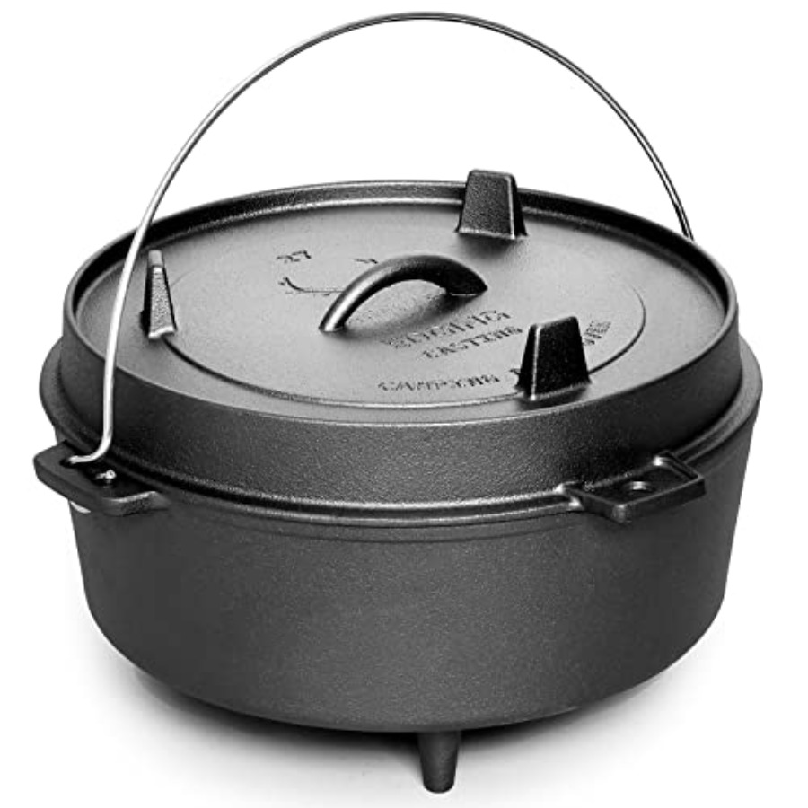 Camp Dutch Oven Cast - หม้อเหล็กหล่อเคลือบพร้อมฝาปิดแบบกระทะ สำหรับตั้งแคมป์กลางแจ้ง ใช้กับเตาไฟ ทำอาหาร ปิ้งย่าง อบขนม
