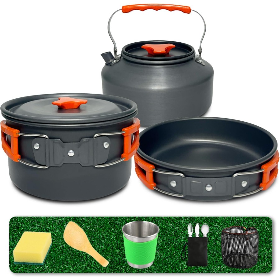 Camping Hiking Cooking - ชุดเครื่องครัวสำหรับแคมป์ปิ้ง: หม้อเคลือบสารกันติดขนาด 35 ออนซ์ + กระทะขนาด